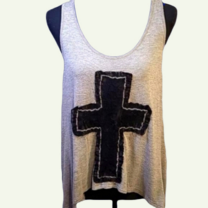 Vanity grey tank with black lace cross. Size M
